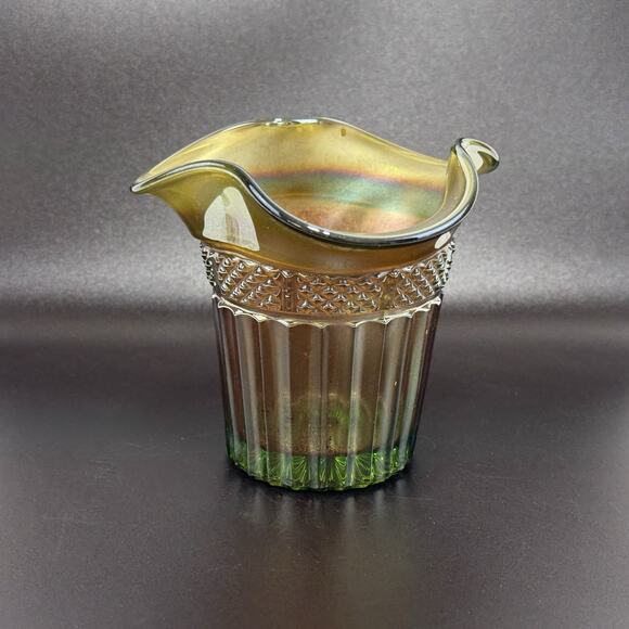 Vintage Northwood Carnival Glass Vase Ruffle Hat Green Iridescent 3.75" Tall - Picture 3 of 15